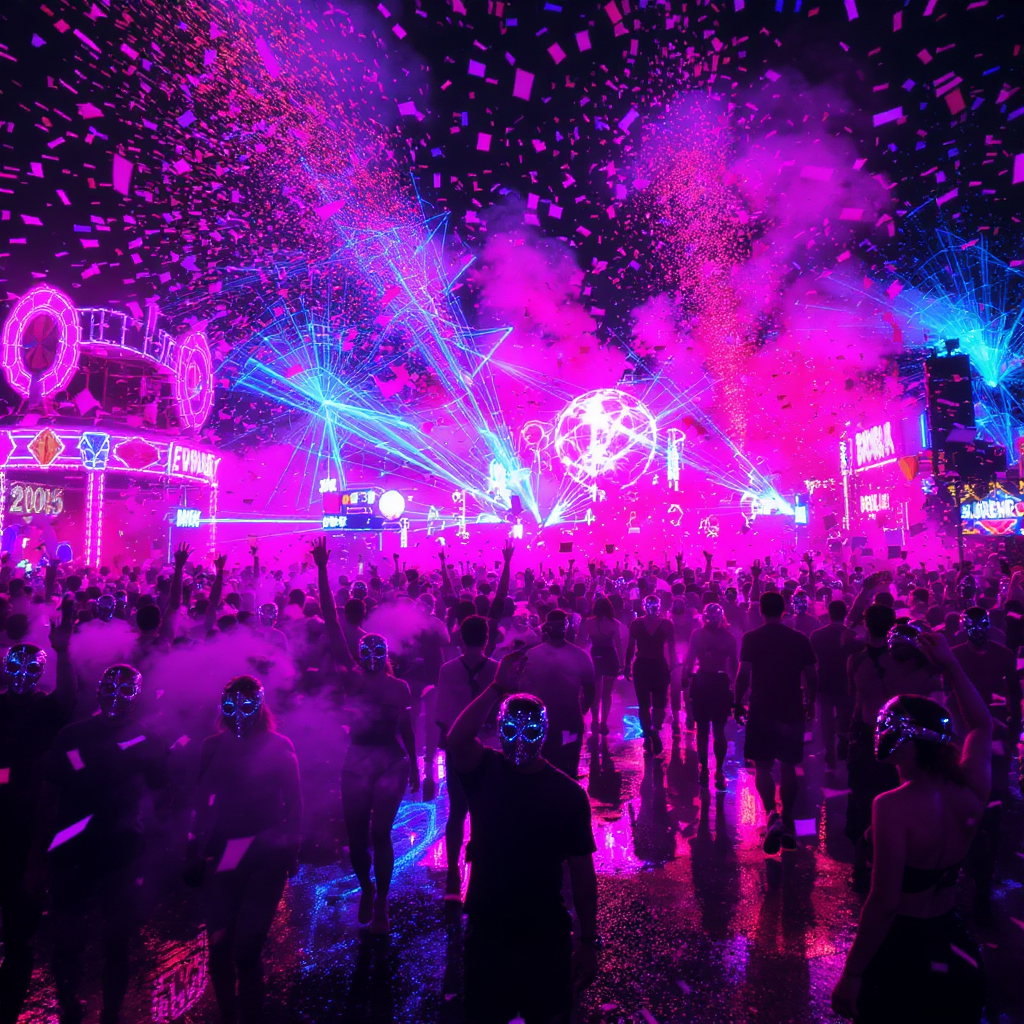 Neon carnival, chrome masks, electric confetti