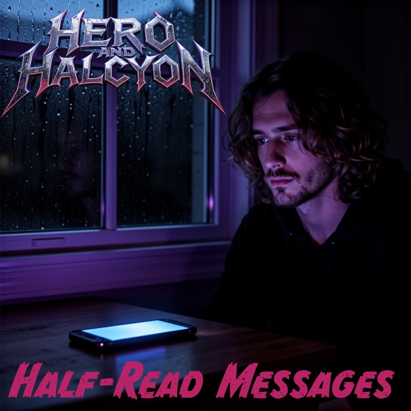 Half-Read Messages — a man lit blue by a phone screen at a table beside a rain-streaked window, under the Hero and Halcyon wordmark