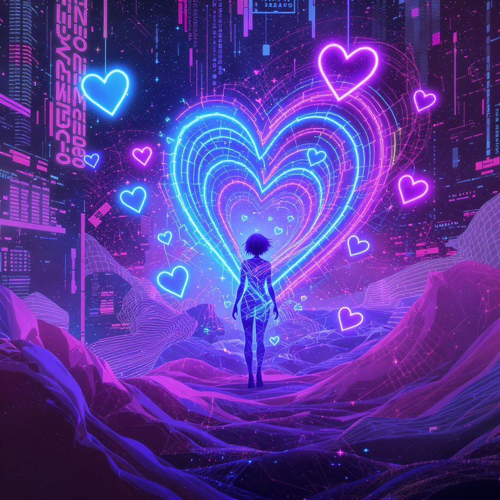 Neon hearts orbiting a silhouetted figure
