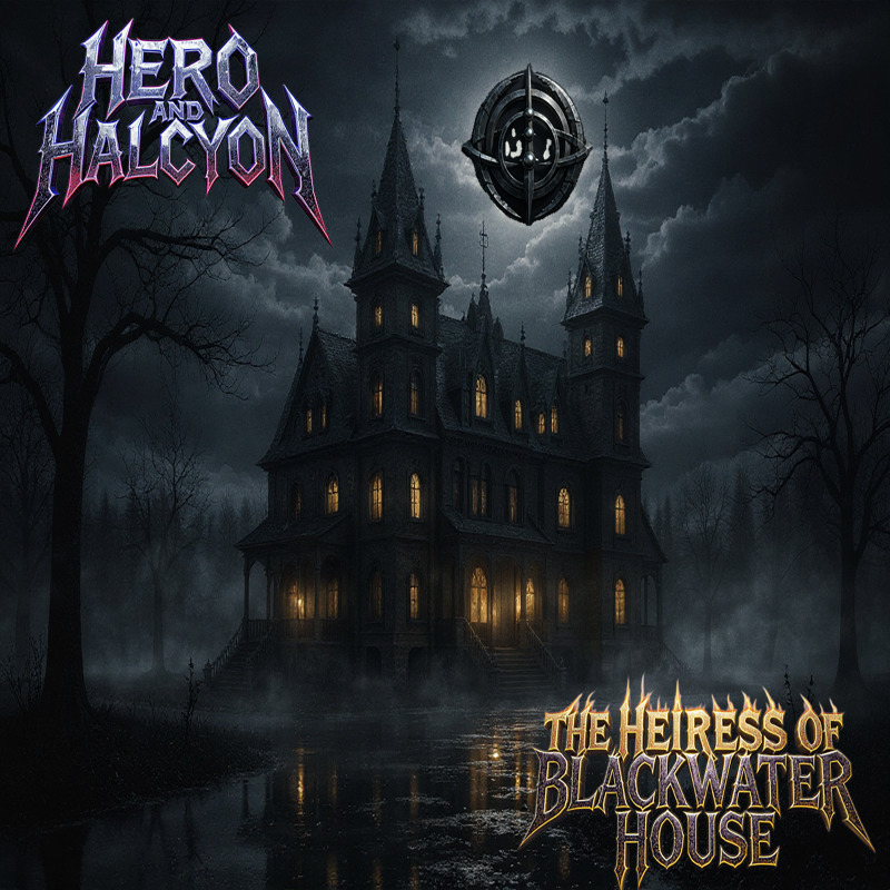 Blackwater House at night, the Hero and Halcyon band symbol above it