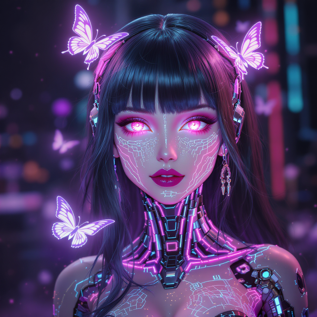 Android girl with circuitry veins and neon butterflies