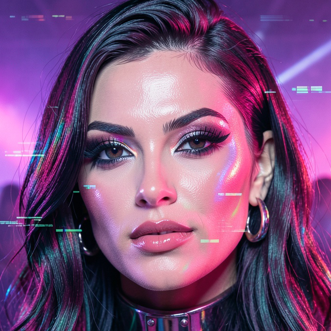 Velvet Voltage in magenta and cyan stage light, hair streaked with neon