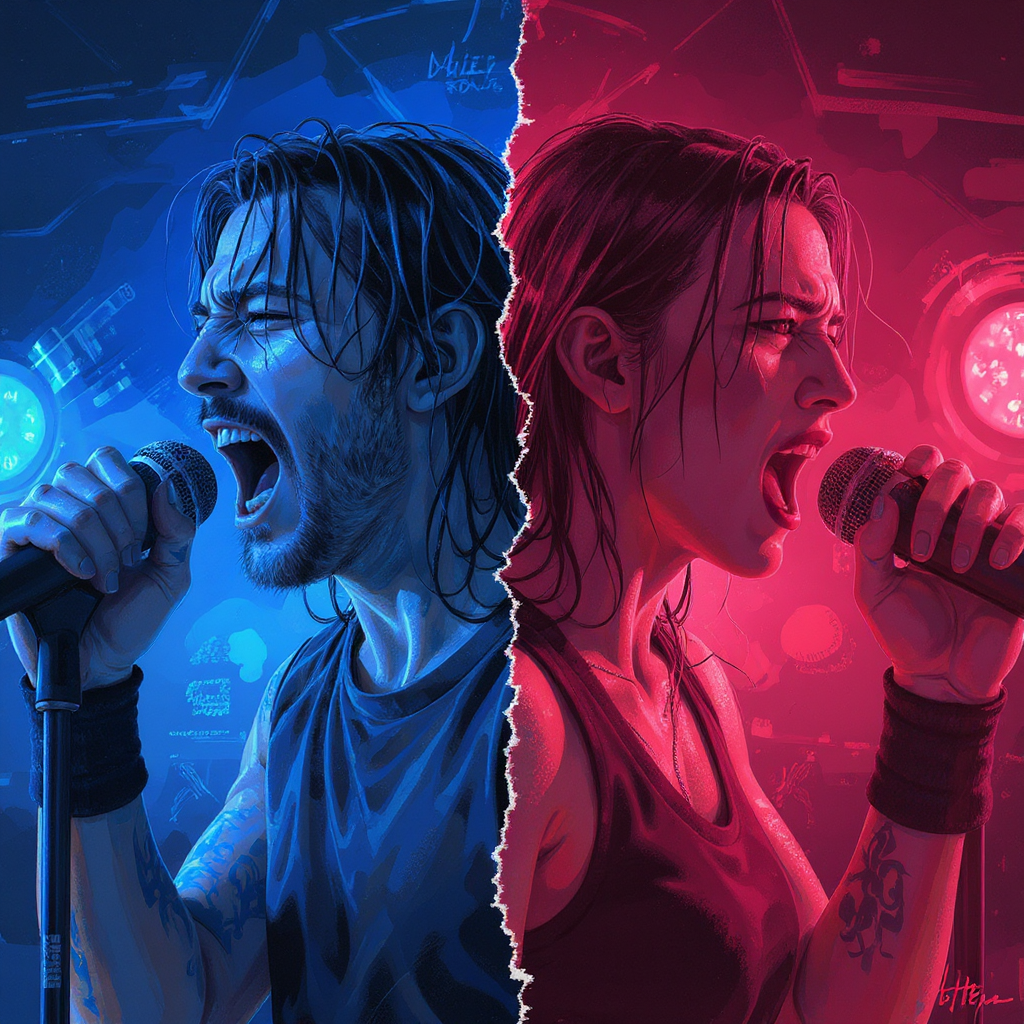 Split scream — both vocalists, one frame