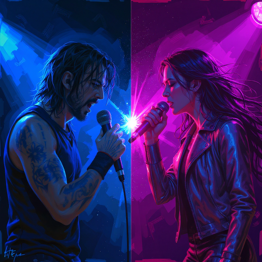 Duet under blue and magenta