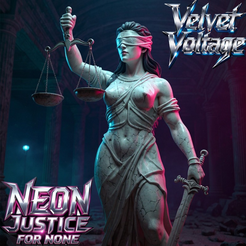 A neon-lit stone statue of Lady Justice