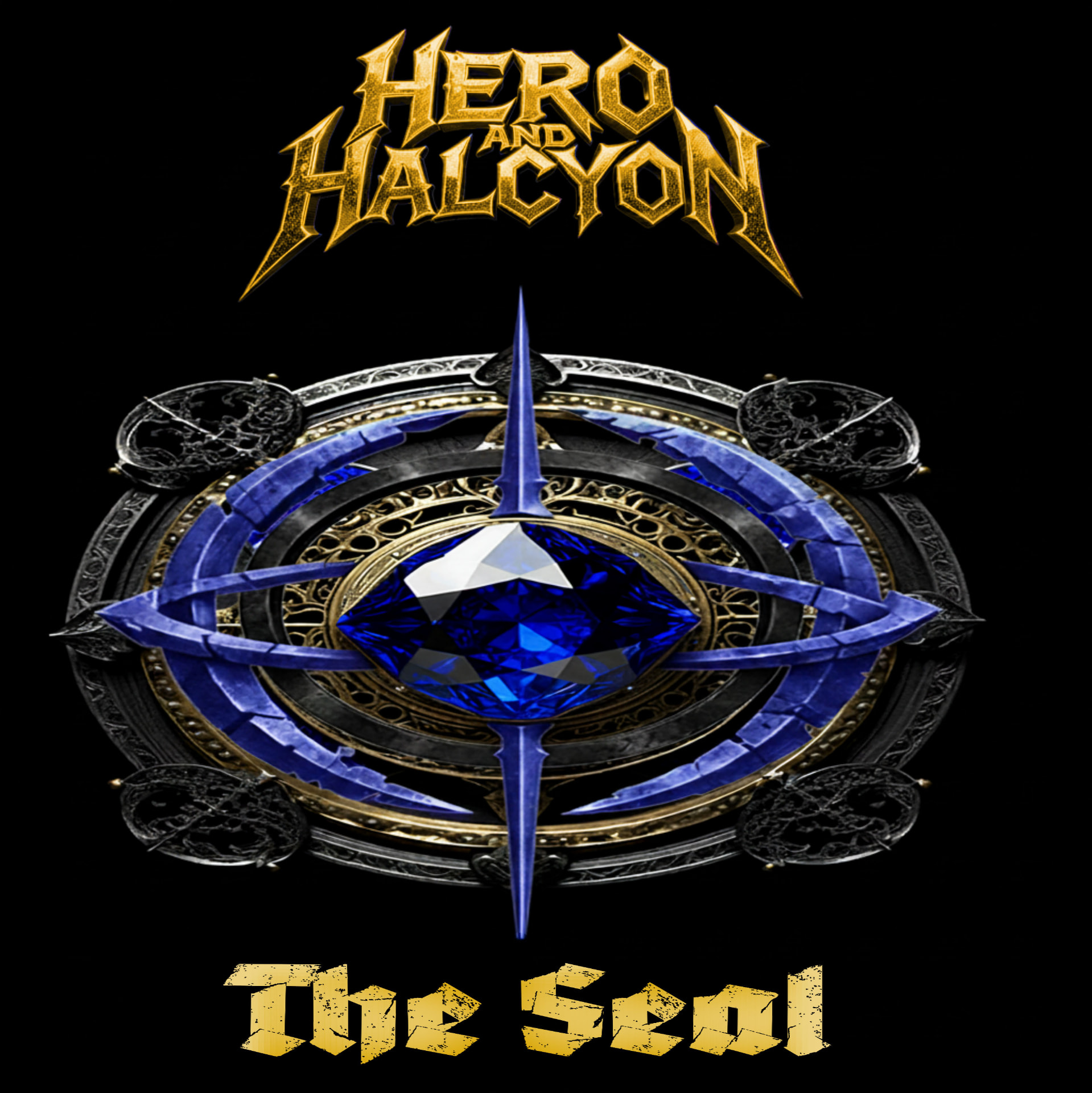 The Seal — a blue gemstone set in a gold and stone compass rose beneath the Hero and Halcyon wordmark