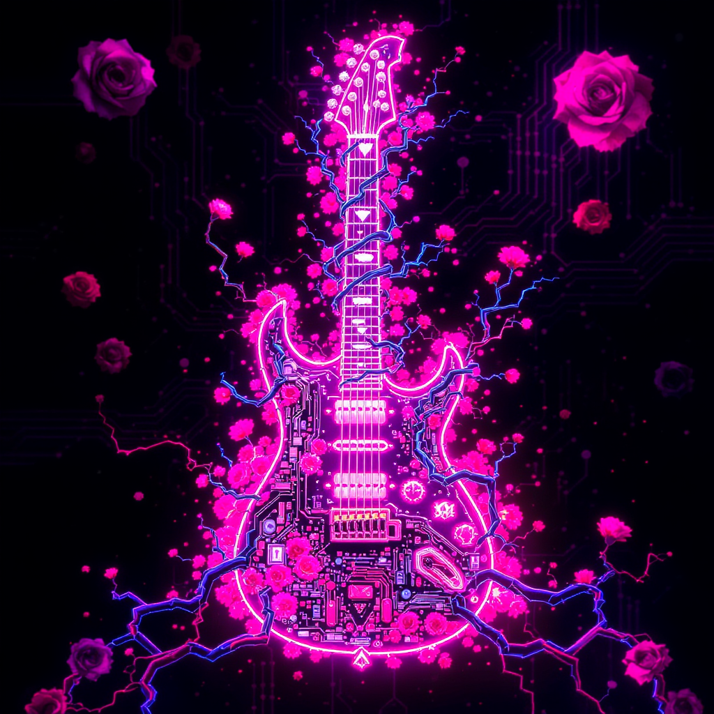 Circuit-board guitar wrapped in neon vines