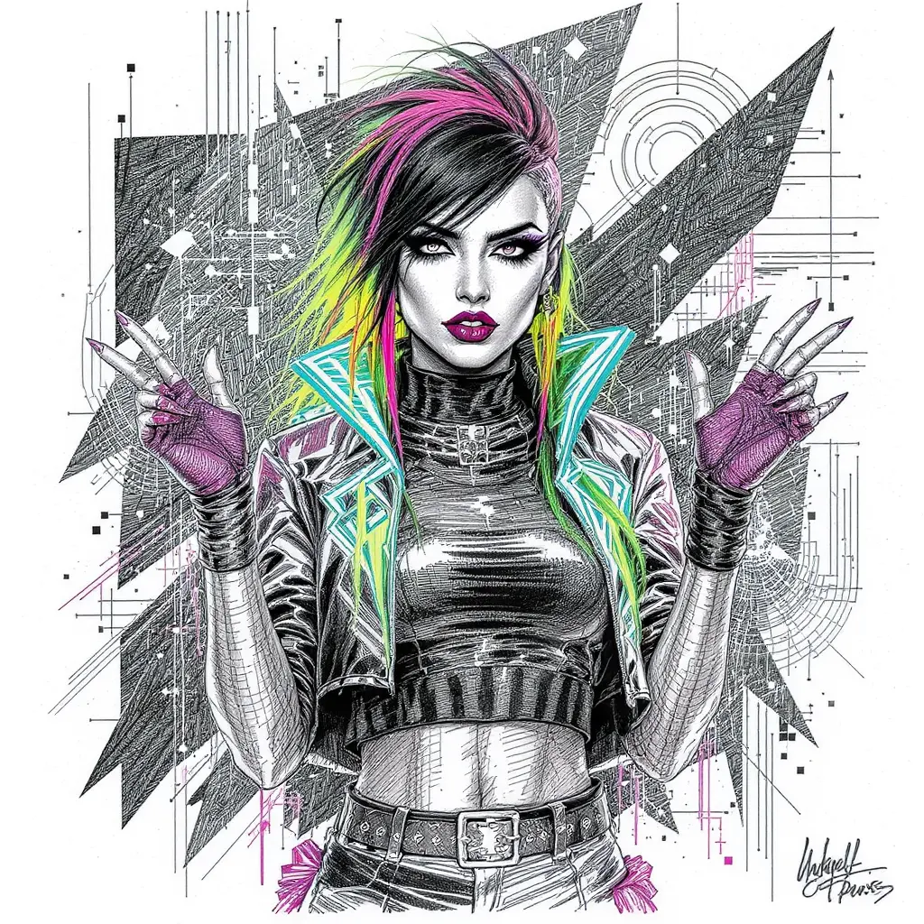 Velvet Voltage side — neon line-art study